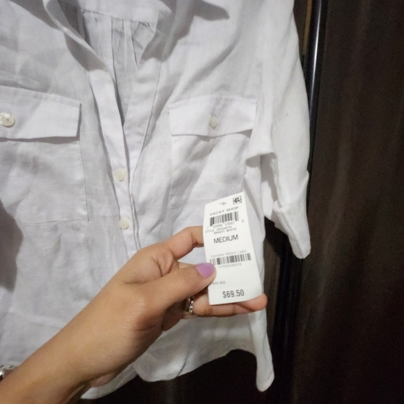 INC 100% linen white knotted button front top roll cuff sleeve  boho cot… - Picture 10 of 12